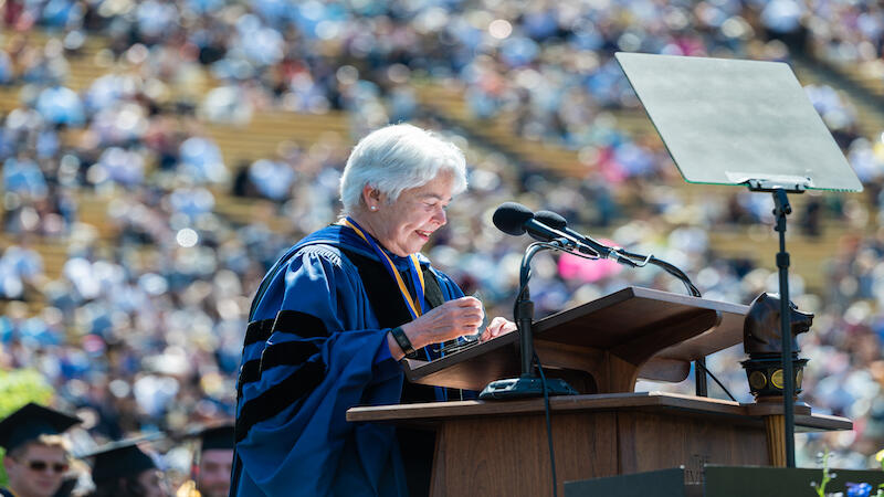 Chancellor Carol Christ at podium at the Cal Berkeley 2022 commencement 